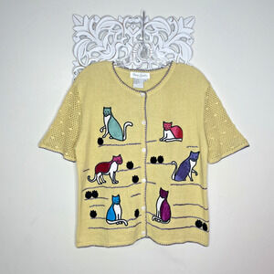 GREAT CAVALIER by St. Paul Women's SMALL Cardigan Sweater YELLOW Kitschy CATS